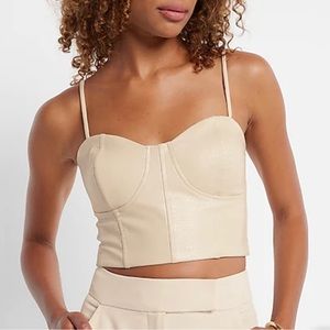 Express Body Contour Croc Faux Leather Corset Cropped Top, size L, Cream